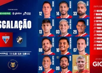 ESCALAÇÃO DE FUTEBOL DO VASCO Equipes do Vasco com nomes e números dos jogadores na escalação. Imagem de jogadores do Vasco na formação com nomes, números e detalhes técnicos, destacando os titulares e reservas do time na partida contra o Fortaleza. Foto de jogadores do Vasco, incluindo titulares e reservas, exibindo uniformes e posições na escalação, com fundos coloridos e logotipos do clube e patrocinador GIGA. Relevância.