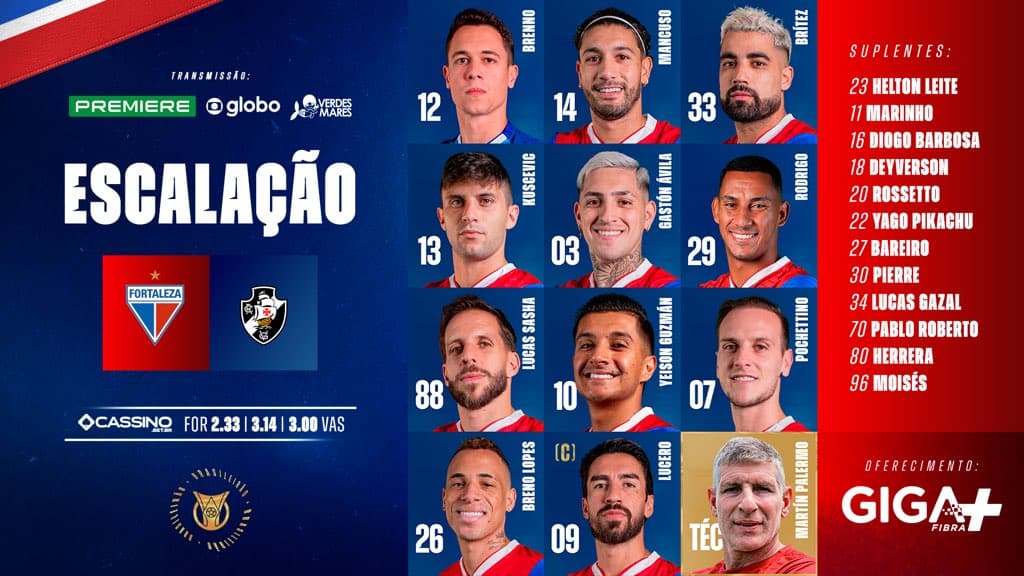 ESCALAÇÃO DE FUTEBOL DO VASCO Equipes do Vasco com nomes e números dos jogadores na escalação. Imagem de jogadores do Vasco na formação com nomes, números e detalhes técnicos, destacando os titulares e reservas do time na partida contra o Fortaleza. Foto de jogadores do Vasco, incluindo titulares e reservas, exibindo uniformes e posições na escalação, com fundos coloridos e logotipos do clube e patrocinador GIGA. Relevância.