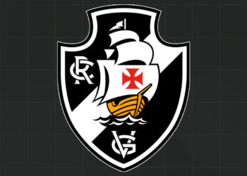 Escudo do Vasco da Gama em preto e branco com um navio vermelho.