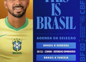 Brasil, jogador de futebol com uniforme amarelo e logo da seleção brasileira.