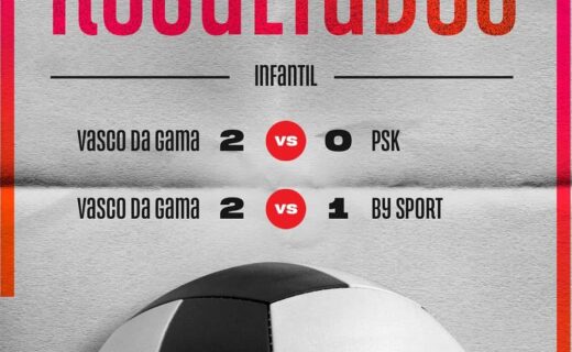 Resultado de jogo infantil Vasco vs PSK e Vasco vs By Sport com placares de 2 a 0 e 2 a 1.