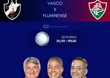 Fachada do anúncio de jogo do Vasco contra o Fluminense, com logotipos dos times e detalhes do evento.