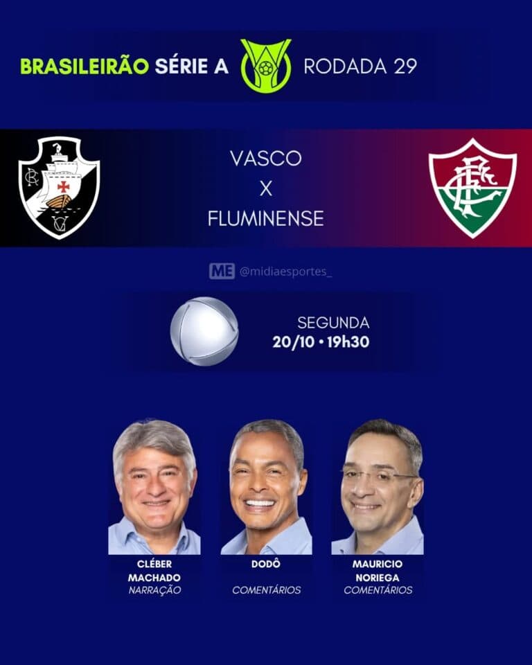 Fachada do anúncio de jogo do Vasco contra o Fluminense, com logotipos dos times e detalhes do evento.