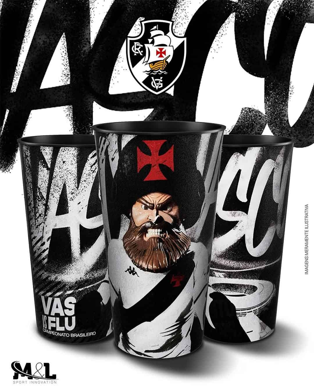 Vaso decorado com o escudo do Vasco e personagem guerreiro.