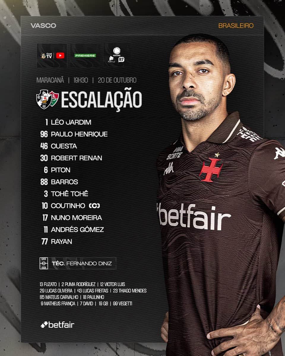 Escalação do Vasco contra o Fluminense na Série A do Brasileiro.