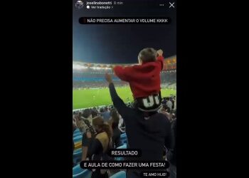A criança no estádio comemorando.