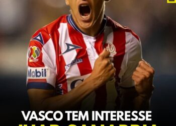 Vasco comemorando gol com torcida ao fundo.