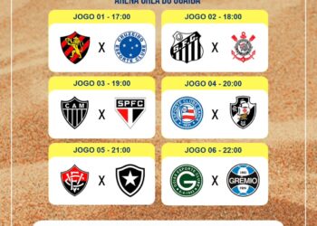 Campeonato de futebol com logos de times e horários dos jogos.