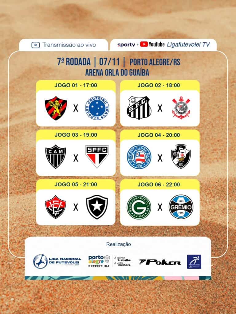 Campeonato de futebol com logos de times e horários dos jogos.