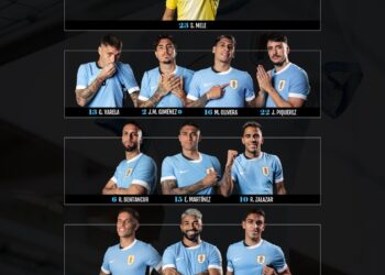 - Jogadores do time do Uruguai em uniforme azul claro em uma formação na imagem.