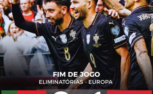 Resultado de uma partida de futebol entre Portugal e Armênia, com placar 9x1, mostrando jogadores comemorando na torcida.