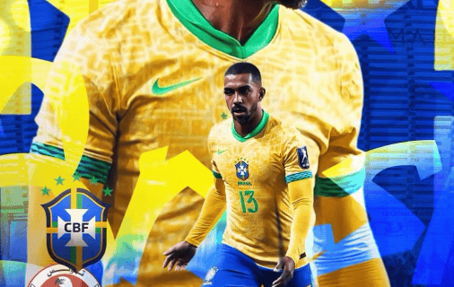 Seleção brasileira de futebol em uniforme amarelo e azul com bola de futebol.