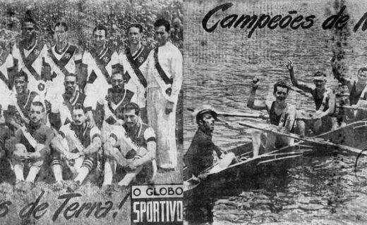 Campeões de mar e terra | Equipe do Vasco com camisetas listradas em barco no rio | Foto histórica de times campeões do Vasco, mostrando jogadores em campo e em barcos, celebrando títulos de mar e terra, símbolo da história do clube | Imagem antiga do time campeão Vasco, incluindo jogadores de futebol e remadores em ataque comemorando diversas conquistas | Relevância.