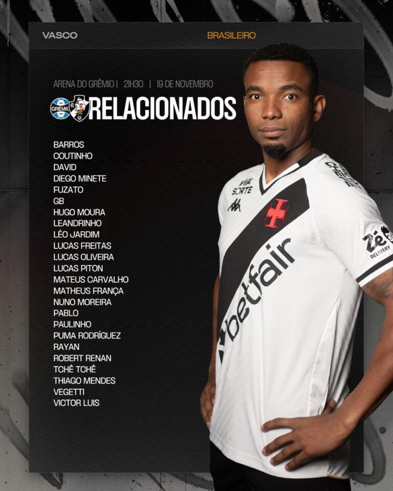 Ava: Jogador do Vasco em destaque em uniforme branco com detalhes pretos e vermelhos.