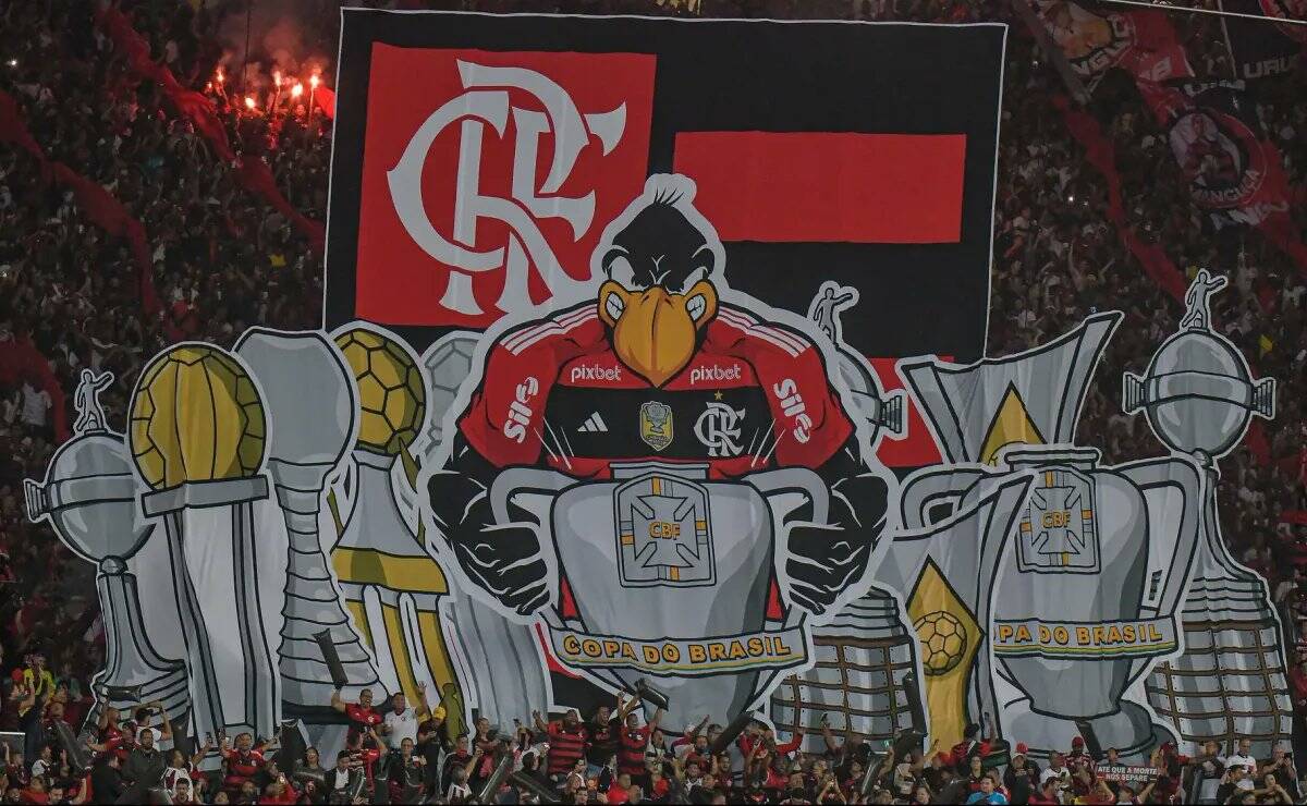 Camisa do Vasco na torcida com bandeira gigante ao fundo.