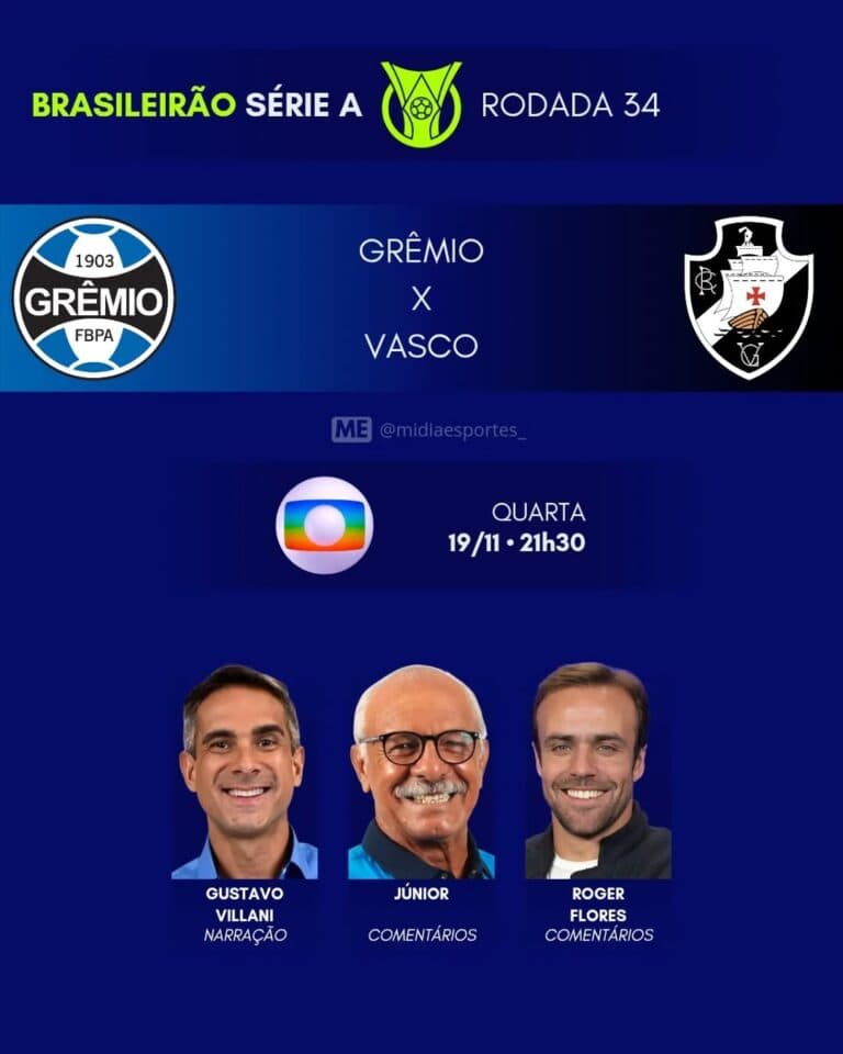 Grêmio e Vasco se enfrentam pelo Campeonato Brasileiro Série A.