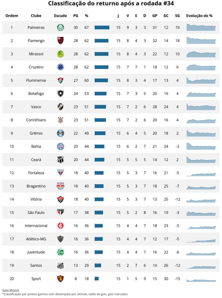 Palmeiras no topo do campeonato brasileiro, com 30 pontos.
