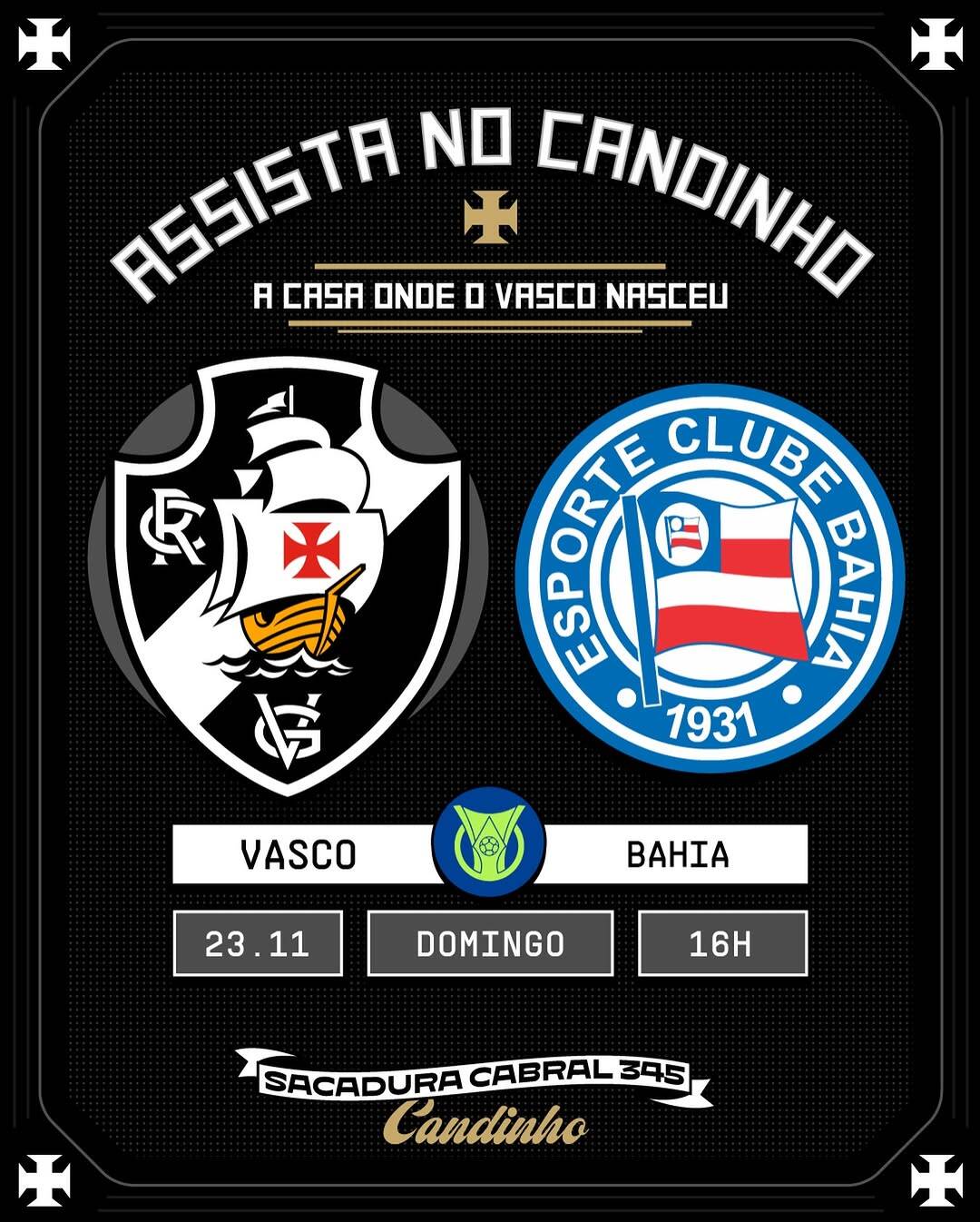 Vasco e Bahia em anúncio de jogo de futebol.