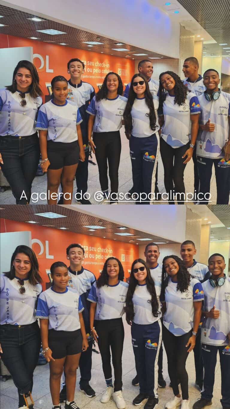 1. Jovens atletas do Vascocapralímpico em reunião no aeroporto.