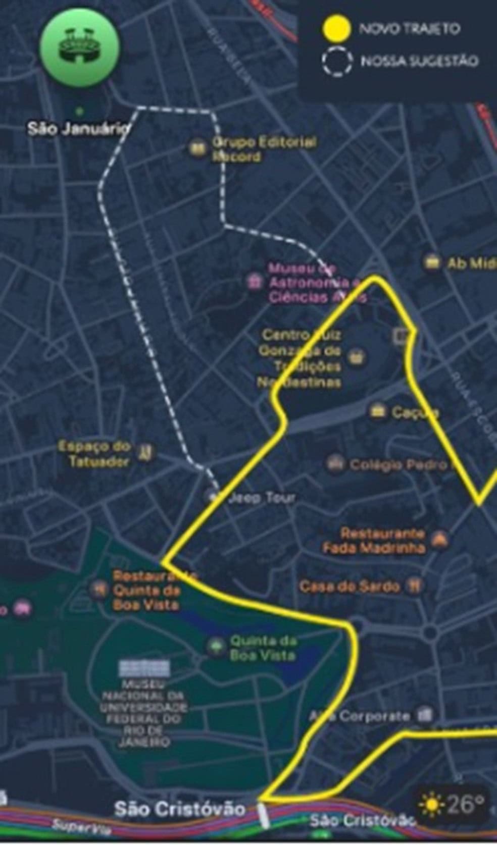 1. Trajeto marcado em amarelo no mapa.