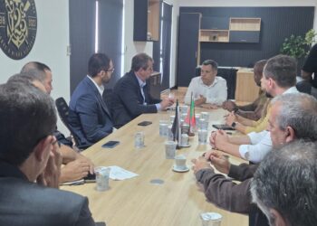 Reunião de negócios com pessoas em torno de mesa.