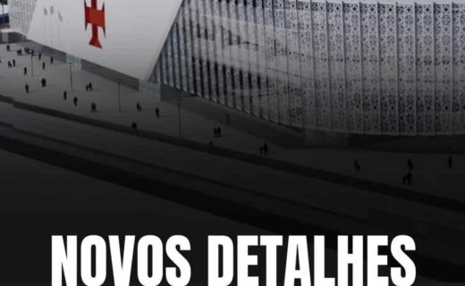 Imagem do novo estádio do Vasco, com destaque para a arquitetura moderna e o símbolo do clube na fachada.