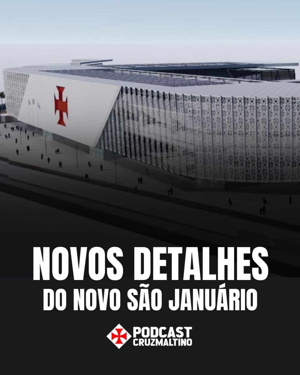 Imagem do novo estádio do Vasco, com destaque para a arquitetura moderna e o símbolo do clube na fachada.