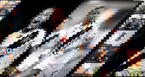 Jogadores do Vasco comemorando uma conquista, usando uniforme branco com detalhes pretos e vermelhos, em ação vibrante durante jogo.