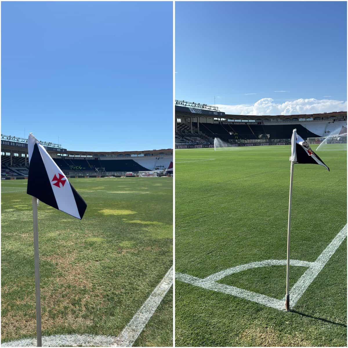 Flauta preta e branca do Vasco na linha de canto do estádio.