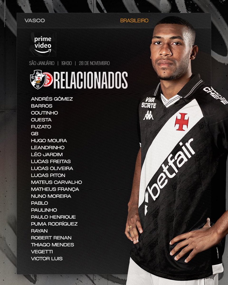 - Alt: Jogador com uniforme do Vasco, lista de nomes ao lado.