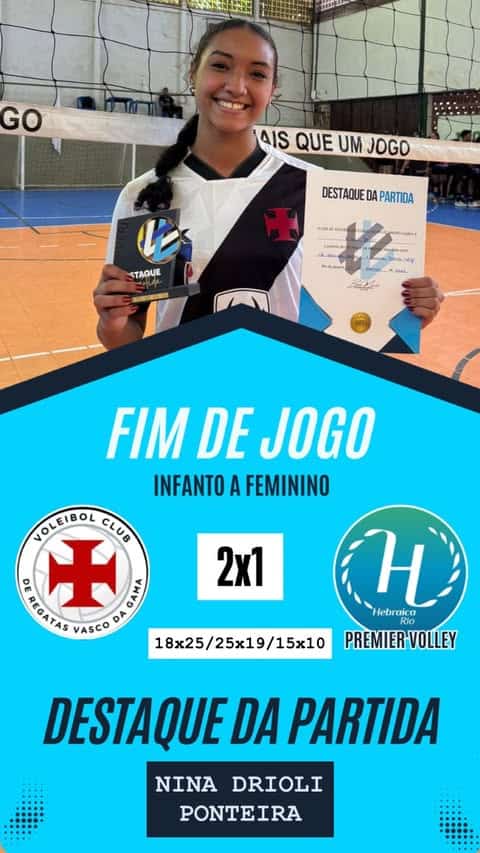 Jovem jogadora segurando troféu e certificado após partida de voleibol.