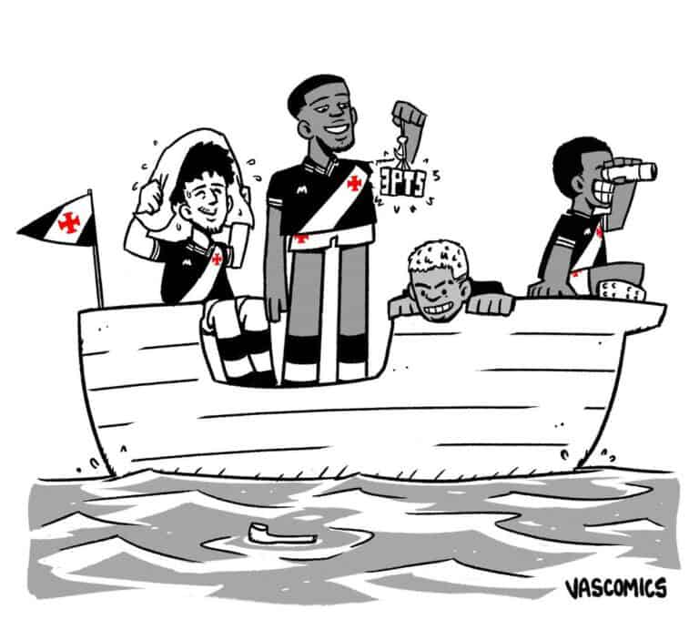 Torcedores do Vasco com roupas e bandeira negras, sorrindo, no barco, com detalhes de óculos, bandeira e água ao redor, estilo cartum.