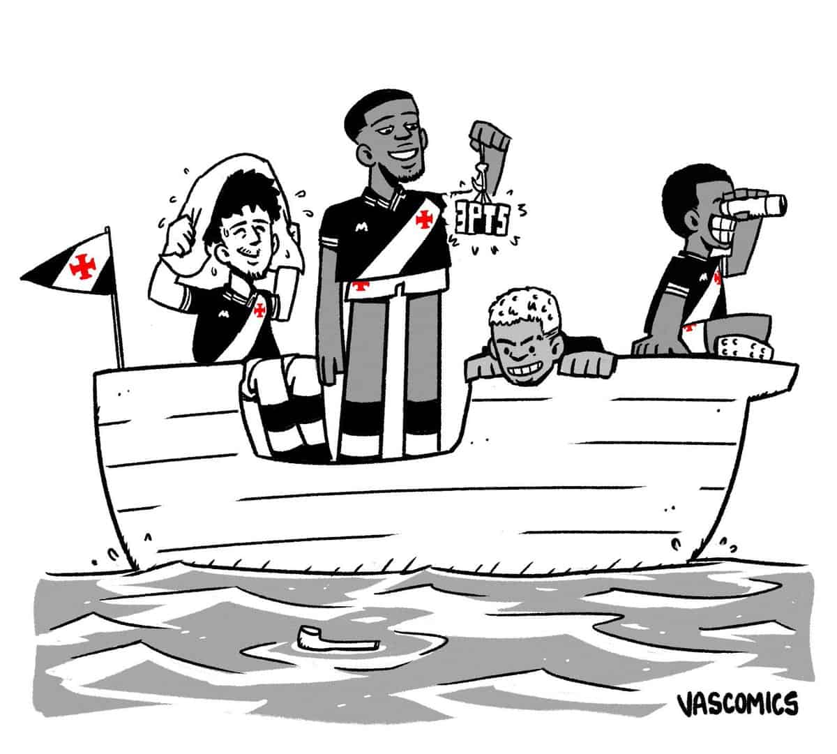 Torcedores do Vasco com roupas e bandeira negras, sorrindo, no barco, com detalhes de óculos, bandeira e água ao redor, estilo cartum.