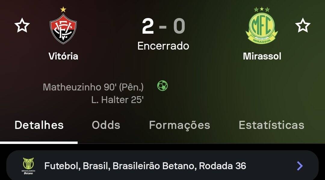 Imagem mostra resultado de futebol, vitória do Vasco sobre o Mirassol por 2 a 0.