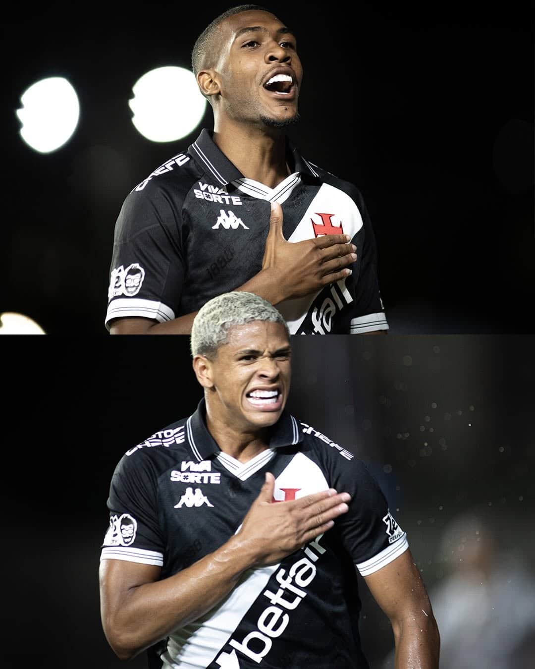 Jogadores do Vasco comemorando com a mão no coração durante o jogo.
