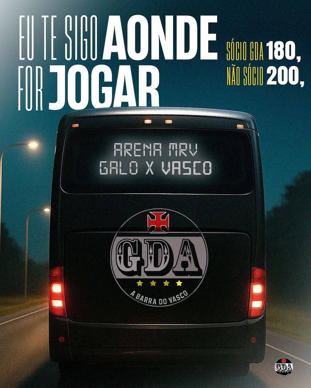 Fachada de ônibus preto com logo do Vasco.