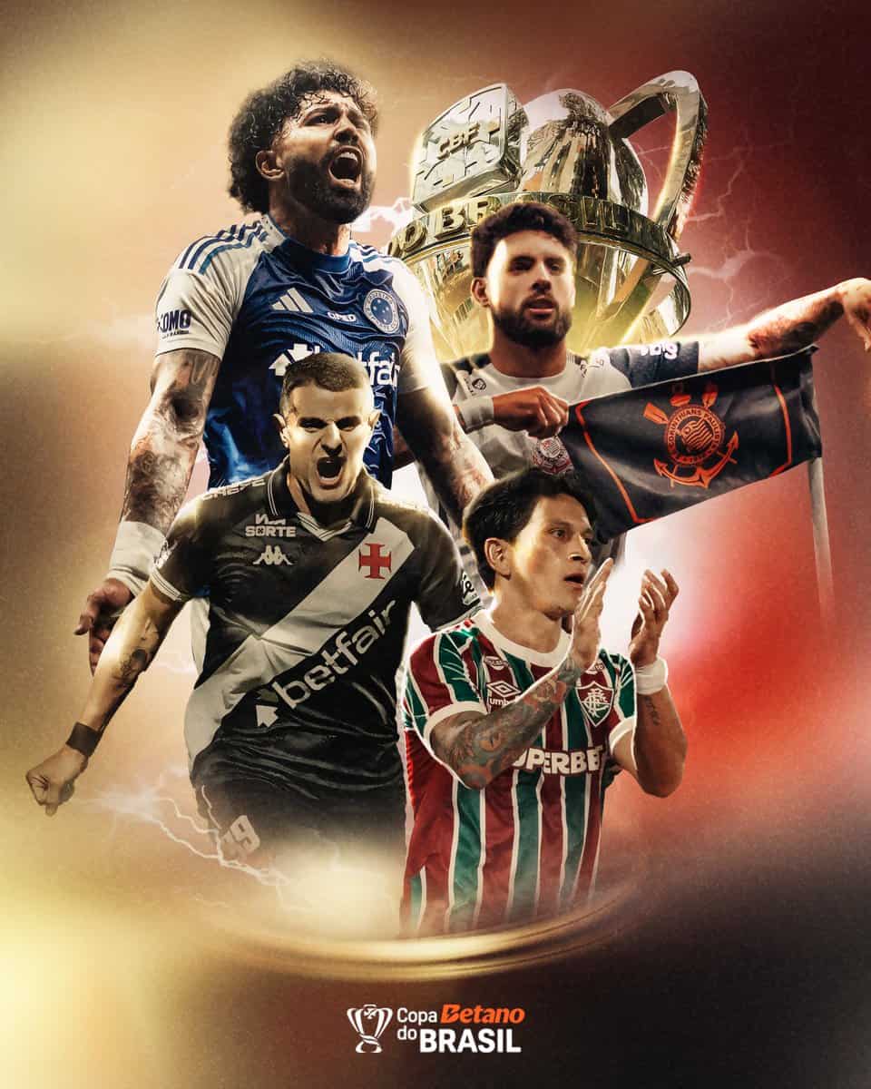 Texto alternativo: Jogadores do Vasco da Gama em destaque com torcedores, troféus e bandeira, comemorando vitória na Copa do Brasil. Cena vibrante de paixão e rivalidade no futebol brasileiro.