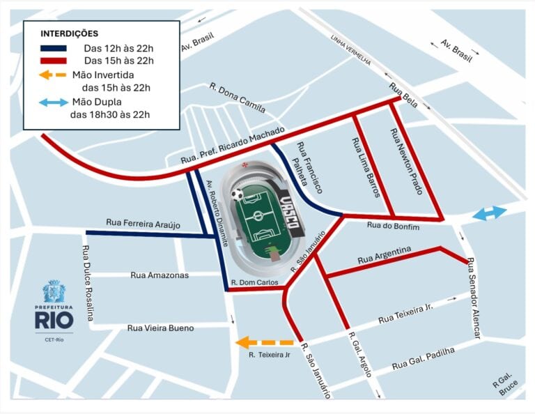 Mapa de rotas e interditações no entorno do estádio.