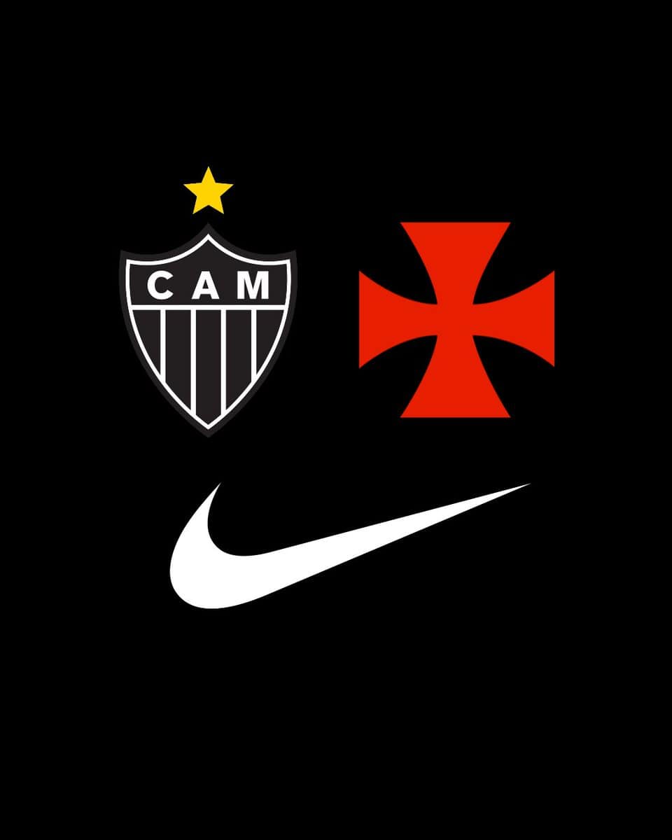 2. ALT: Imagem com escudo do Vasco, símbolo da cruz de malta e logotipo da Nike em fundo preto.