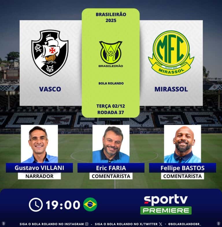 Descrição de uma partida de futebol entre Vasco e Mirassol com detalhes da data, horário e transmissão.