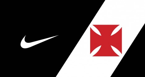 Logo do Vasco ao lado do símbolo da Nike, fundo preto e branco.
