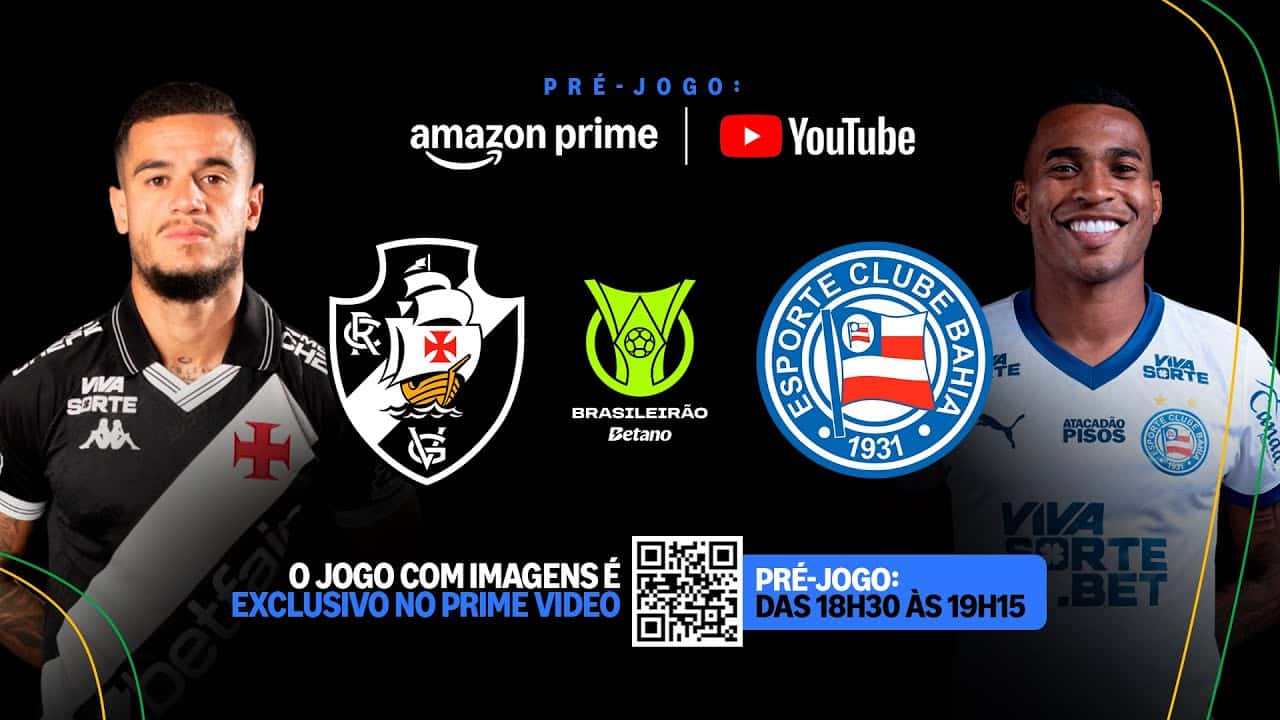 Pré-jogo Vasco x Bahia, prévia do clássico carioca, com logotipos dos times e data do evento.