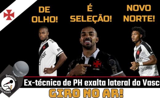 Jogadores do Vasco em destaque, dois com uniforme branco e um com uniforme preto.