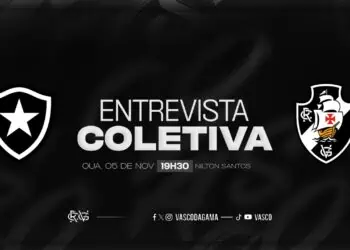 Botão com logos do Botafogo e Vasco, fundo preto, anúncio de entrevista coletiva.