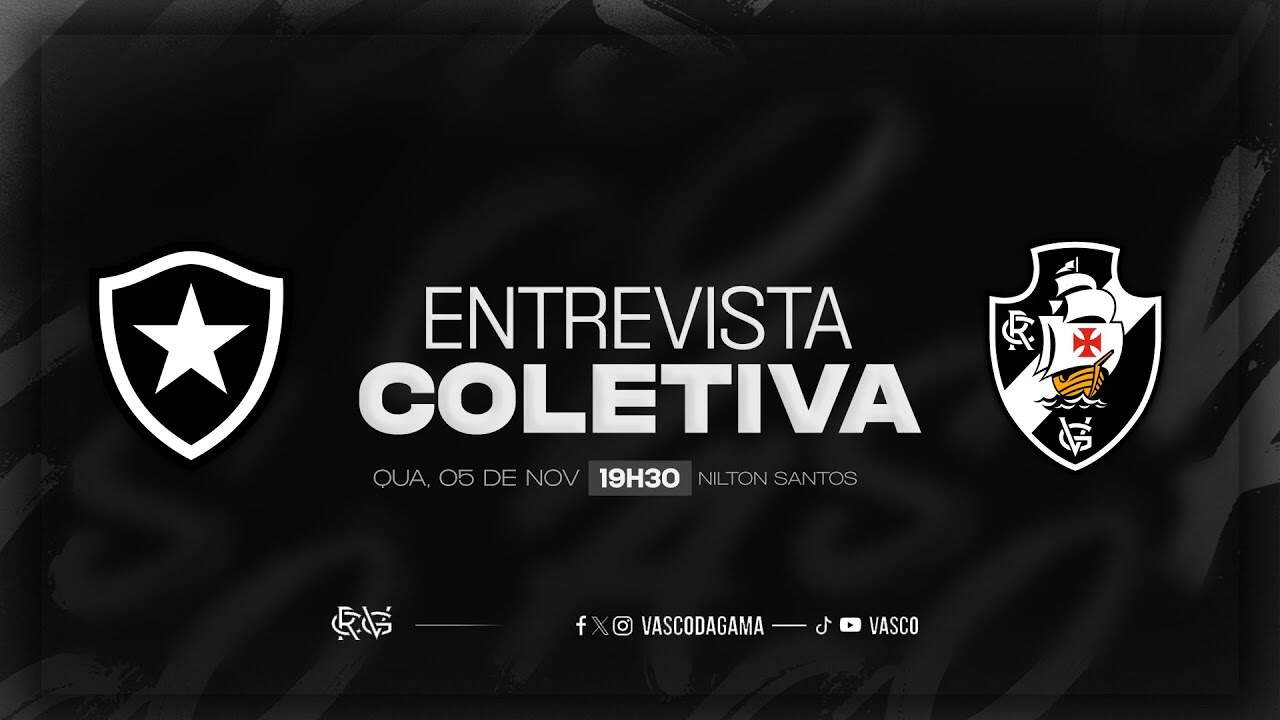 Botão com logos do Botafogo e Vasco, fundo preto, anúncio de entrevista coletiva.