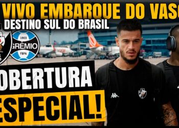 Vasco em aeroporto com jogadores rumo ao Sul do Brasil.
