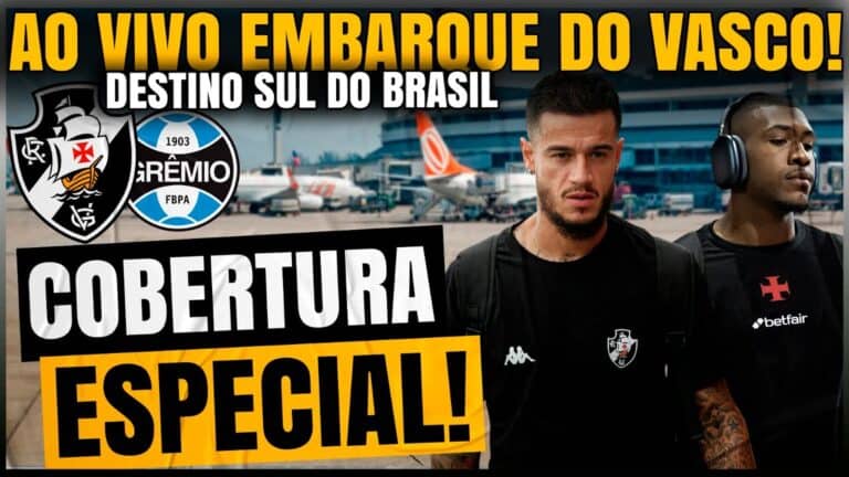 Vasco em aeroporto com jogadores rumo ao Sul do Brasil.