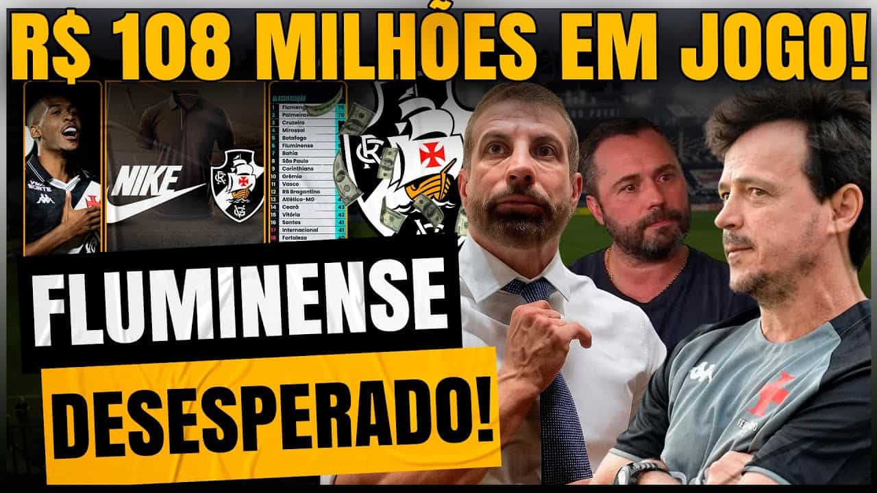 Imagem mostra dirigentes do Vasco com expressão preocupada, destaque para texto anunciando valor de 108 milhões, fundo com bandeira do Vasco e elementos relacionados ao futebol.