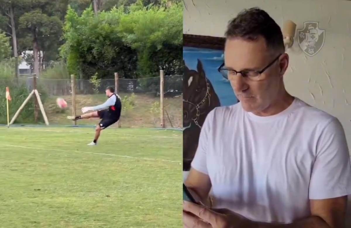Carlos Germano analisando treino de Vegetti como goleiro
